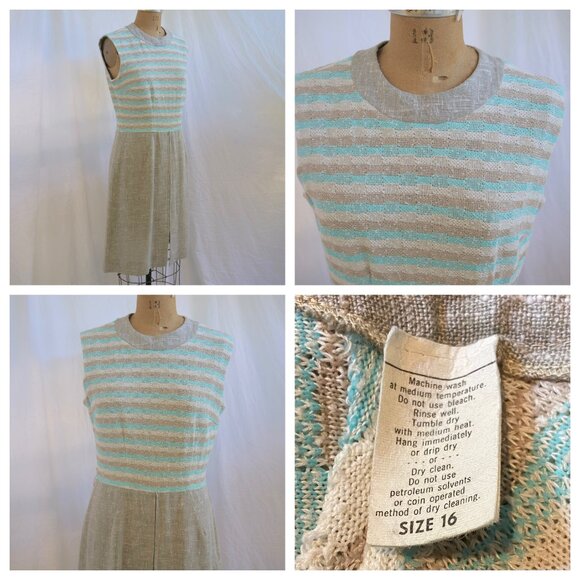 vtg 70s Nubby Beige Blue Stripe Mod Retro Shift Scooter Dress Secretary ILGWU M - Picture 1 of 8